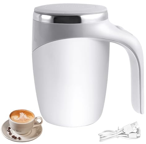 Taekooki Tasse Mélangeur Automatique avec Couvercle, Rechargeable par USB, 380 ML, Tasse Mélangeur Électrique pour Café, Lacté, Chocolat Chaud, Blanc
