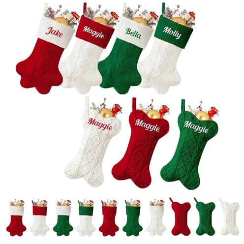 MJARTORIA Nikolausstrumpf Personalisierte Weihnachtsstrumpfe mit Namen 46cm Gestrickt Bestickte Weihnachtssocken Kamin Hängenden Strumpf für Feiertags Familienparty Dekoration
