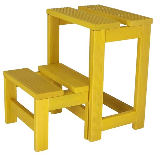WELL HOME MOBILIARIO & DECORACIÓN Taburete Escalera 2 peldaños Fabricado en Madera, Acabado en Amarillo, 32x23x40 cm