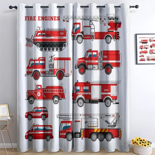 Verdunkelungsvorhang Kinder Rotes Feuerwehrauto Fahrzeug Muster Thermo isolierte Ösen Vorhänge - Jungen Feuerwehr Feuerwehrmann Blickdichte Vorhänge - 150x166cm(BxH) für Kinderzimmer Wohnzimmer Dekor