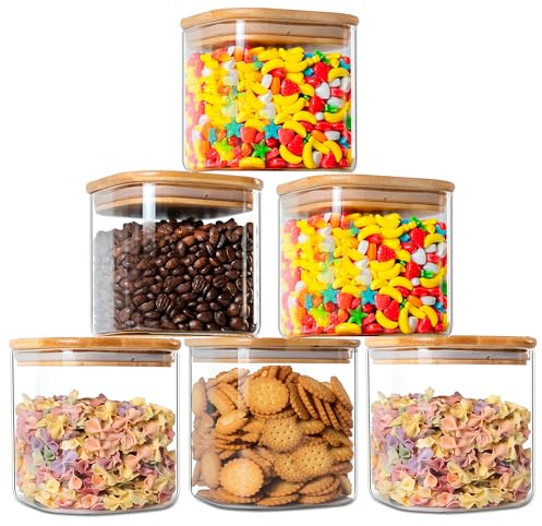 YUNCANG Set di 6 barattoli in vetro trasparente per alimenti, con coperchio ermetico in bambù, impilabili, per caramelle, biscotti, riso, zucchero, farina, pasta (quadrati)