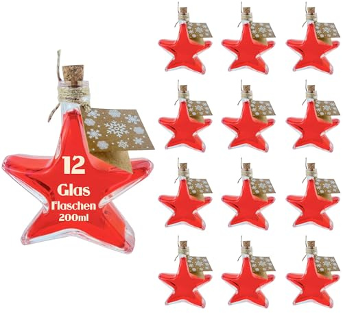 slkfactory Lot de 12 bouteilles en verre en forme d'étoile de 200 ml - Bouteilles de liqueur - Bouteilles d'alcool - Bouteilles de Noël (12 x 200 ml - Tout inclus)