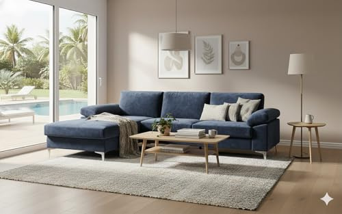 CONCEPT USINE | Divano angolare in velluto 4-5 posti | Design Galway Blu | Larghezza 262 cm | Angolo sinistro | Comfort ultra lussuoso | Struttura in legno robusto | Piedi in metallo | Stile moderno