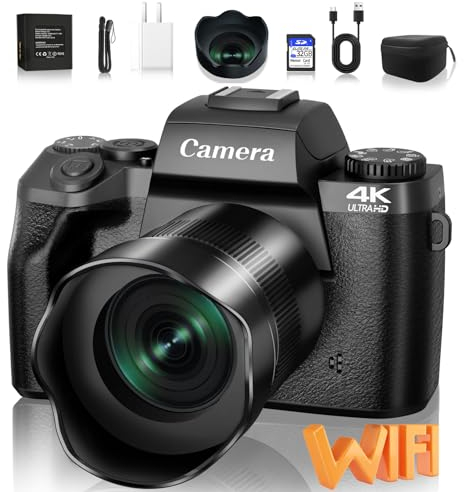 Saneen Fotocamera digitale per fotografia, 4K 64MP WiFi Touch Screen Vlogging Camera con Flash, Micro Card 32GB, Paraluce, Batteria 3000mAH, fotocamere anteriori e posteriori, schermo grande da 4,