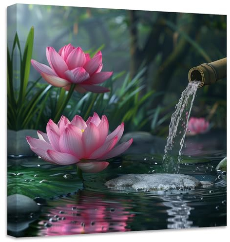 ZXHYWYM Zen Leinwandbilder Lotusblumen Bilddrucke rosa Seerose Natur Spa Gemälde spirituelle Kunstwerke für Meditation Raumdekoration Gerahmt (Bild-2, (30.00 x 30.00 cms))