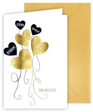 KE - Moderne Glückwunschkarte zur Hochzeit/Vermählung, Edle Hochzeitskarte, Gold geprägte Verzierung, inkl. Umschlag, DIN B6 Format, weiß, Motiv: Herzballons