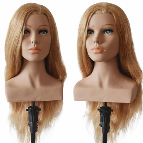 TAINUAN 24 Mannequin Head Human Hair Cosmetology Natural Long Hair Manicans 100% Real Hair Hairdresser Doll Head for Practice Braiding Hairstyling cabeza de maniqui with Free Table Clamp Stand