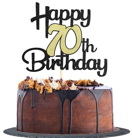 Sotpot 1 Pack 70th Birthday Cake Topper Black Gold Glitter Cake Pick for 70th Milestone Birthday Party Anniversary Party Supplies