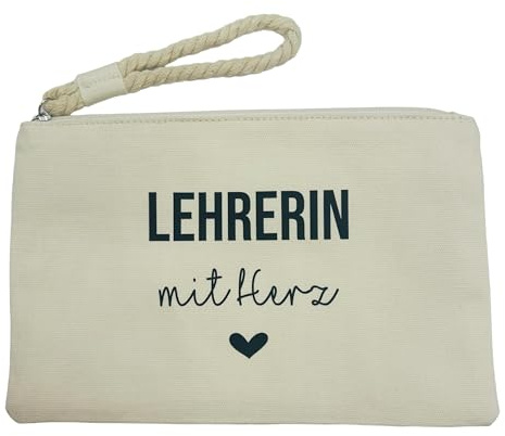 NeLi Lehrerin mit Herz Tasche mit Henkel, Geschenk für Lehrerinnen, kleines Dankeschön Abschiedsgeschenk Clutch creme