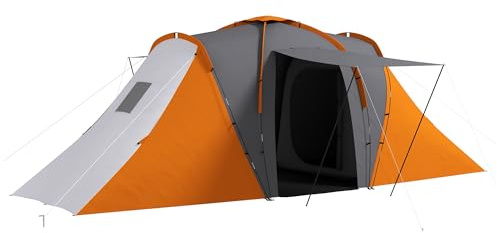 Outsunny 4-6 Man Tunnel Tent with 2 Bedroom and Living Area, Large Camping Tent, 2000mm Waterproof, Portable with Bag, for Fishing Hiking Festival, Grey and Orange