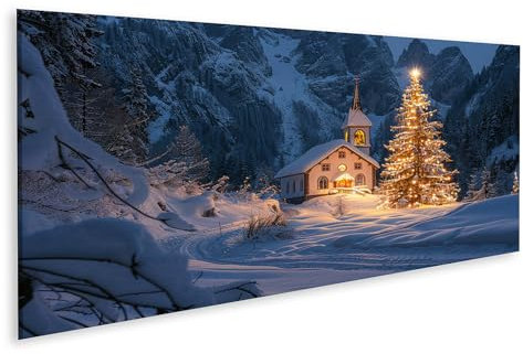 islandburner Prime Quadro su tela, Piccola capanna in legno con albero di Natale illuminato nella radura della foresta innevata davanti alla montagna