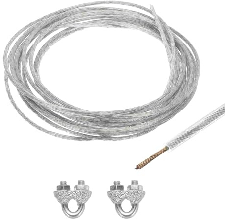sourcing map Cuerdas de alambre con revestimiento de vinilo transparente de 3 mm, cuerda de alambre de acero galvanizado de 6 m con 2 fundas de bucle M3 para colgar luces de cadena, barandilla de