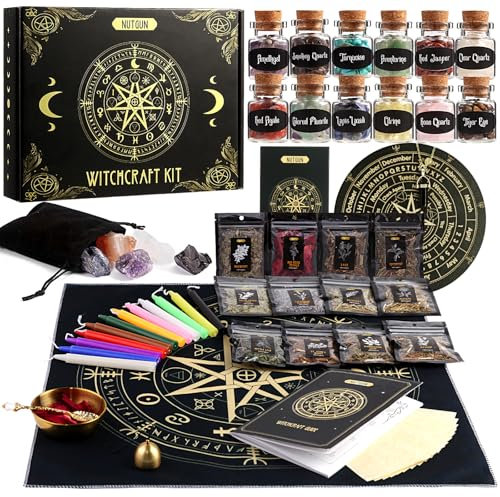 Nutgun Large Witchcraft Supplies Kit 60 PCS, Wiccan Supplies and Tools Including Witchcraft Herbs, Spell Candles, Crystals, Guidebook, Witch Altar Spell Starter Kit, Witchy Gifts for Women