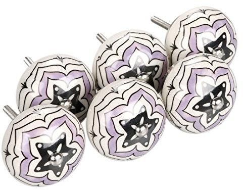 CQCQC Cabinet Knobs 6 Pieces Vintage Shabby Knobs Purple and White Floral Hand Painted Ceramic Pumpkin Cupboard Wardrobe Cabinet Drawer Door Handles Pulls Knob, Five-Pointed Star