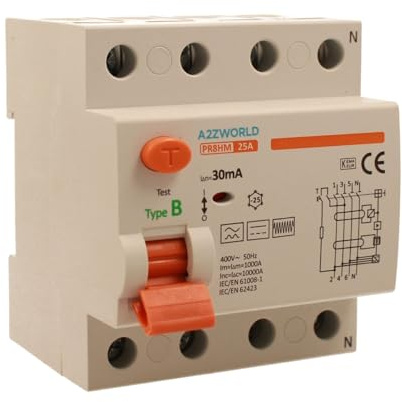 A2ZWORLD Interrupteur différentiel type B triphasé, RCCB Classe B 30mA 4P 25A, 3P+N 4 pôles 10 kA AC 400 V, occupe 4 modules barre DIN