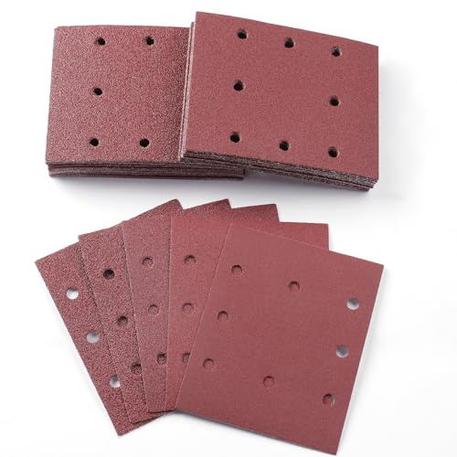 Sruhrak 50 Piezas 115x145mm Lijas para Lijadora, 40/60/80/120/240 Grano Rectangulares Papel de Lija 8 Agujeros Hojas de Lija para Rectangulares Lijadoras y Lijadora Orbital