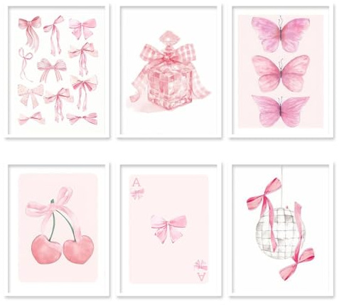 L0famy 6 Stück rosa Wandkunst, rosa Kokette, Raumdekoration, adrette Schleifen-Poster, ästhetisch, Kirsch-Wanddruck-Set, Raumdekoration, trendige Poster für Mädchenzimmer, Wohnung, Wohnheim