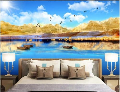 Blue Skies White Clouds Lake Boat 3D Wallpaper Office Living Room Sofa Bedroom TV Background Wall Decoration-430cm×300cm