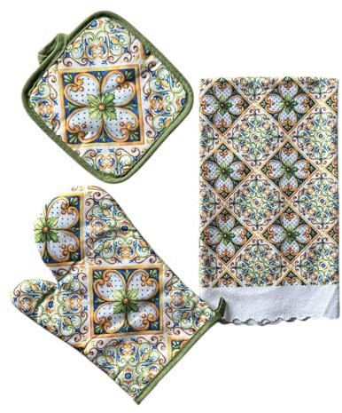 Set da Cucina Siciliano, Guanto, Presina e Strofinaccio, Motivo Maioliche (Fiore bianco)
