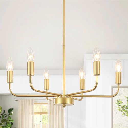 LWYTJO Kronleuchter Gold 6 Flammig, Kronleuchter Modern Hängelampe, E14 | Deckenlampe Hängend Pendelleuchte Gold, Wohnzimmerlampe Hängend Vintage für Schlafzimmer Esszimmer Küche Flur, Max 60W, 220V