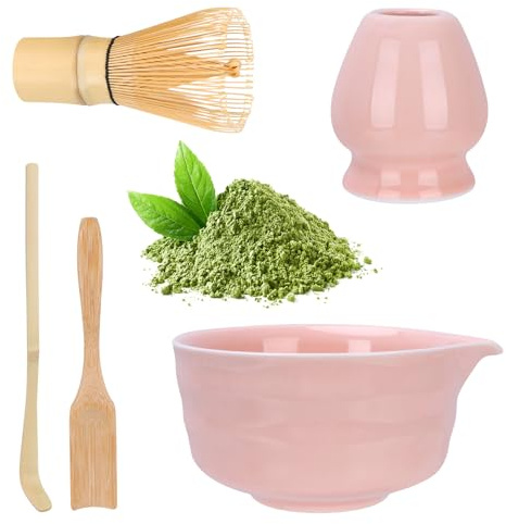HOBEYO Matcha-set, rosa matcha-skål med pip, matcha-omrörare och stativ, matcha sked, tesked, 5-delat matchande set rosa för teälskare