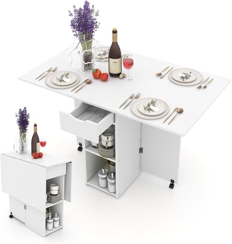FANTASK Esstisch klappbar mit 2 Rädern, mobiler Klapptisch Esszimmertisch mit 2-stufiger Ablagefläche und Schublade (weiß)
