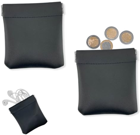 Mini Porte-Monnaies en Cuir PU 2 Pièces - Portefeuille Homme et Femme Compact avec Fermeture Automatique à Ressort pour Monnaie, Écouteurs et Petits Objets - Design Élégant et Durable Noir