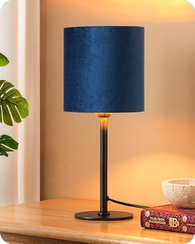 EDISHINE Bedside Table Lamp, Blue Velvet Lampshade, 15 Inch Small Table Lamp for Living Room, Modern Nightstand Lamps for Bedroom, Black Metal Base, 4W E27 2700K LED Bulb Included