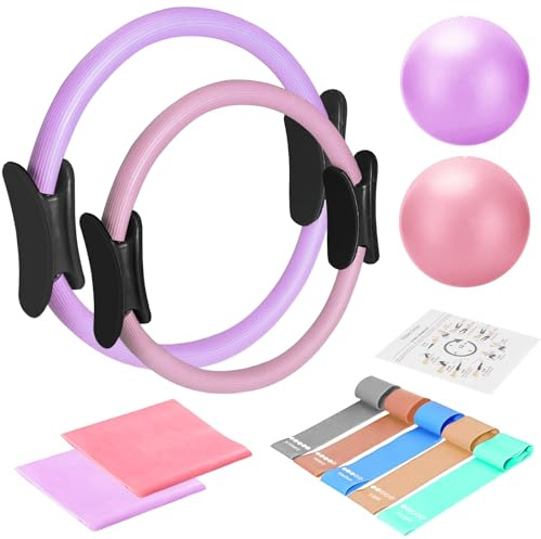 Pilates Ring and Ball Set with Resistance Bands - Pilates Equipment for Home Workout - 14'' & 12'' Pilates Rings, 2 Pilates Balls, 5 Resistance Bands for Toning Arms, Thighs/Legs & Core (Purple&Pink)