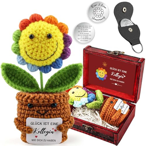 Beste Kollegin Geschenk Pocket Hug Positive Sonnenblume, Gestrickte Mehrfarbige Blumenpuppe Sonnenblumen mit Schlüsselanhänger & Grußkarte & Holz Schatzkiste, Glücksbringer Mutmacher Schreibtisch Deko