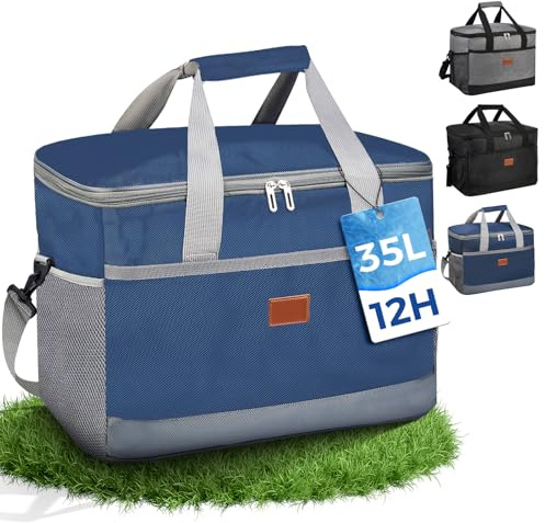 FOSER KüHltasche 35l Groß Thermotasche faltbar mit Tragegurten Lunchtasche Campingtasche KüHlrucksack Einkaufstasche Auto Thermobox füR Outdoor, BüRo (Marineblau, 35 L)