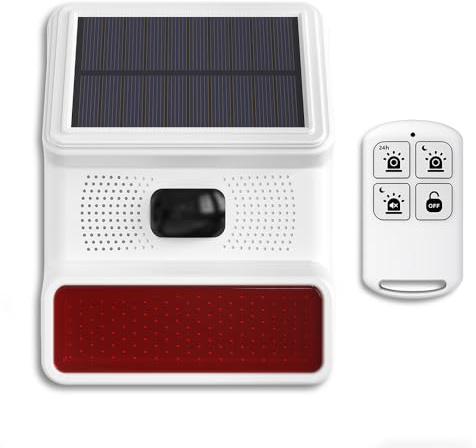 PGST Sirene Alarme Exterieure Solaire, Détecteur de Mouvement Outdoor IP65 Étanche, 120dB Son Puissant avec 11 Sons Réglables, Contrôle à Distance WiFi, Alarme Factice Maison pour Jardin, Ferme,Étang