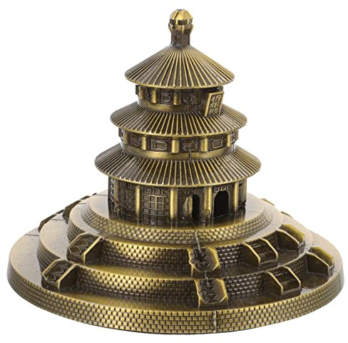 Metal Chinese Temple Sculpture, Ancient Architecture Model Ornament for Home Office Desk, Vintage Style Tabletop Decoration, Round Tiered Pavilion