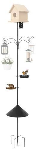 Todeco Crochet de Berger de Jardin, Support pour Nichoir, 233 cm | 4 Crochets, 2 Plateaux d'alimentation, Garde-rat, Réglable, Base à 5 Pointes, pour Lanternes, Plantes, Mangeoires à Oiseaux