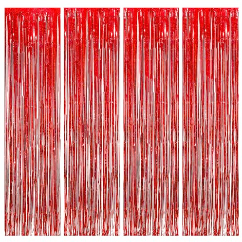 4PCS Tinsel Foil Fringe Curtain, Red Laser Glitter Party Curtain, Tinsel Curtains For Party Decorations, Birthday Decoration, Graduation, Proposal, Baby Shower Wedding Holiday Backdrop Decoration