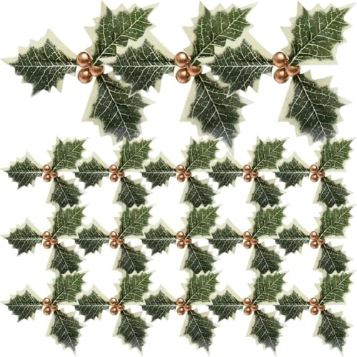 Ppmter 50 Pezzi di Bacche di Agrifoglio Artificiali con Foglie Verdi, Bacche di Agrifoglio Rosso Oro con Foglie, Foglie E Bacche di Agrifoglio Artificiali per Decorazioni Natalizie