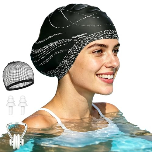 Long Hair Silicone Swim Cap Highly Elastic Keeps Hair Dry Suitable for Curly Hair, Braided Hair, African Dreadlocks, Thick Hair, and Inner Silk Lining Swim Cap (Black)