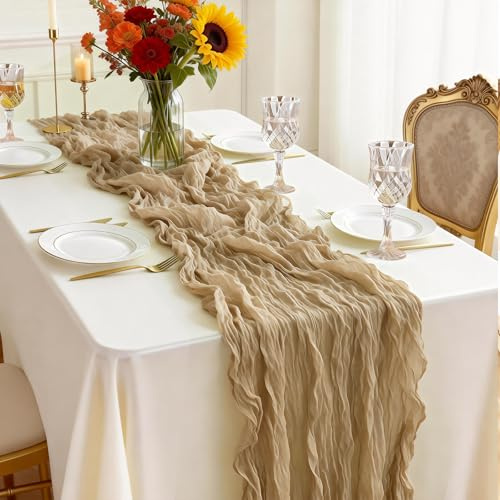 Otauoaea Tischläufer Khaki-Beige (1 Stück, 50x300 cm) - Rustikale Gaze Käsetuch Tischläufer im Bali-Gaze mit Faltenwurf für Hochzeit, Gartenparty, Brautparty, Geburtstag & Boho-Deko