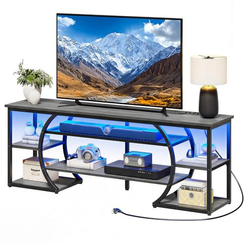 YITAHOME 160cm TV Standschrank mit 2 AC & 2 USB Buchse für Fernseher bis zu 70 Zoll mit 7 RGB LED 22 Modi Lichter Entertainment Center für Wohnzimmer und Schlafzimmer Rustikales Grau