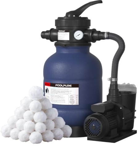 POOLPURE Système de Filtre à Sable 6,4 m³/h | Filtre à Sable et Particules 400W pour Piscine Hors Sol | Pompe Piscine avec Vanne 7 Voies, Manomètre et 700g Balles | Ø 32/38mm