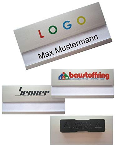 5 Stück Aluminium Namensschilder mit Magnet, individuellem Logodruck, Farbdruck mit Ihrem Logo, Magnetbefestigung, Name Badge, Namensschild für Kleidung, selbstbeschriftbar, silber