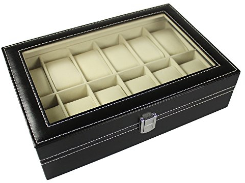com-four® Uhrenbox Lederoptik für Armbanduhren 30,0 x 20,0 x 8,0 cm - stilvoller Schaukasten für Ihre Schätze (Für 12 Uhren)