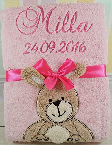 Babydecke mit Namen und Datum bestickt Baby Geschenke 802027 (Rosa - Hase)
