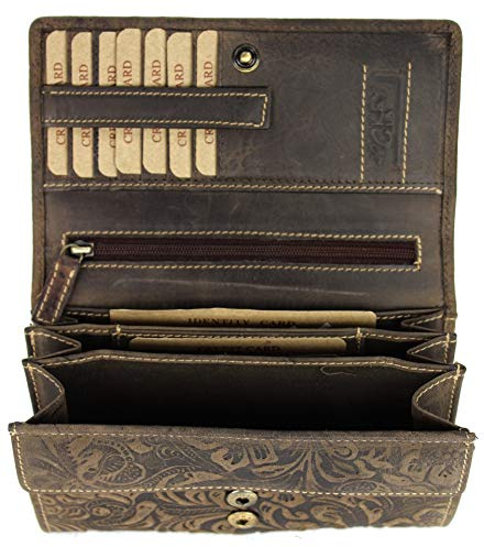 Belli hochwertige Vintage Leder Damen Geldbörse Portemonnaie langes großes Portmonee Geldbeutel aus weichem Leder in Braun Gemustert - 17,5x10x4cm (B x H x T)