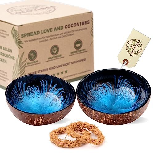 cocovibes Kokosnuss Schalen mit Anti-Kipp-Ring – 2er Set handgemachte Dekoschalen, ⌀ ca. 13 cm – lackiert blau schwarz (OCEAN-2)