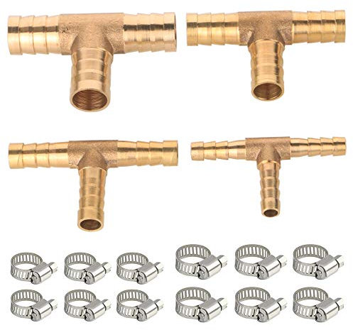 GTIWUNG 4 Stück Messing T Schlauchverbinder Druckluft Schlauchverbinder Kraftstoffschlauch Verbindungsstück für Kraftstoff-Luft, Wasser,Gasöl(6mm,8mm,10mm,12mm)+12 Stücke Edelstahl Schlauchschelle