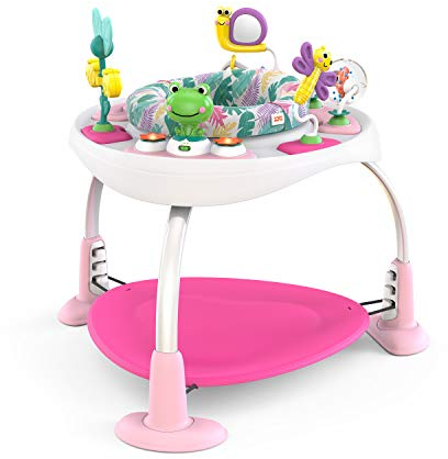 Bright Starts, Bounce Baby, Playful Palms, 2 In 1 Aktivitätshüpfer, Spielzentrum & Spieltisch, Lichtern, Spieltrampolin mit Hüpfkissen, 7 Spielzeuge, 360° drehen Sitz, Rosa, Kinder ab 6 Monaten
