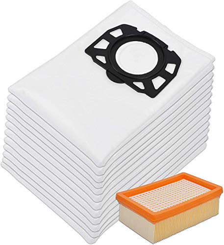 KEEPOW 12 Vacuum Cleaner Bags and 1 Flat Pleated Filter for Karcher | Compatible with Karcher WD4, WD5, WD6 Vacuum Cleaner, Replacement Parts & Accessories, Efficient Filtration & Protection