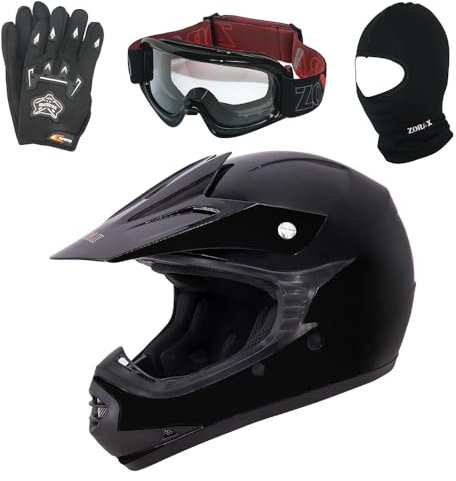 Zorax ZOR-X15 Schwarz XL (55cm) Kinder Kinder Motocross Motorrad Helm & Handschuhe XL(8cm) & Schutzbrille & Sturmhaube - Jugend Junior Dirt Bike Off Road Motorrad Sturzhelm ECE 2206