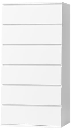 FOTOSOK White Dresser, 6 Drawer Dresser, Modern Tall Floor Storage Cabinet with Metal Sliding Rail, Wooden Handleless Drawer Cabinet, 6-Layer Large Capacity Vertical Dressers for Home & Office